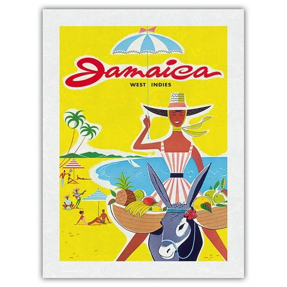 Jamaica - West Indies - Caribbean - Jamaican Beach Fruit Vendor on Donkey - Vintage Travel Poster c.1950s - Japanese Unryu Rice Paper Art Print 24 x 32 in