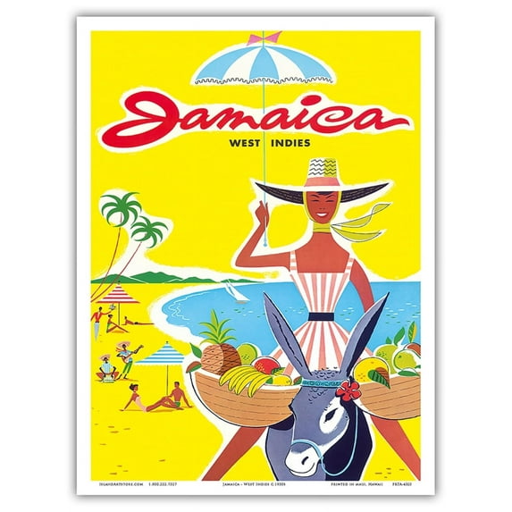Jamaica - West Indies - Caribbean - Jamaican Beach Fruit Vendor on Donkey - Vintage Travel Poster c.1950s - Master Art Print (Unframed) 9in x 12in
