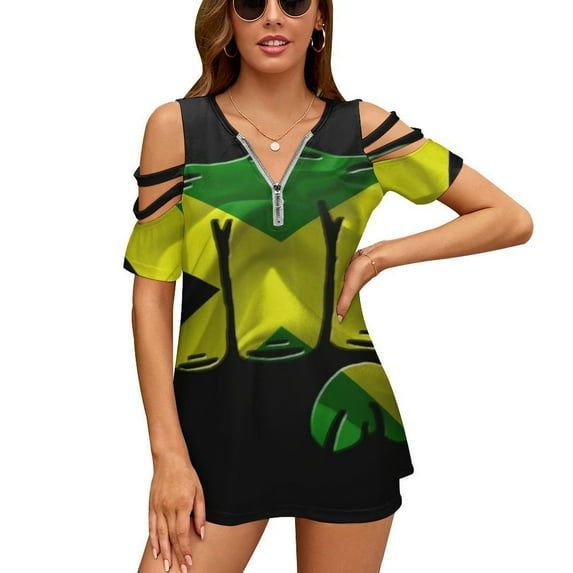 Jamaica Womens Summer V Neck Zipper Top Short Sleeve T Shirt Off Shoulder Top Casual Classy Loose Shirts