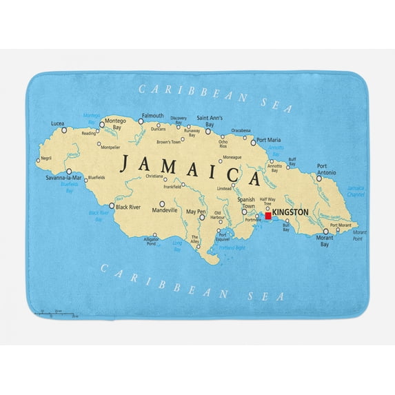 Jamaican Bath Mat, Map of Jamaica Kingston Caribbean Sea Important Locations in Country, Plush Bathroom Decor Mat with Non Slip Backing, 29.5" X 17.5", Pale Blue Beige Black, by Ambesonne