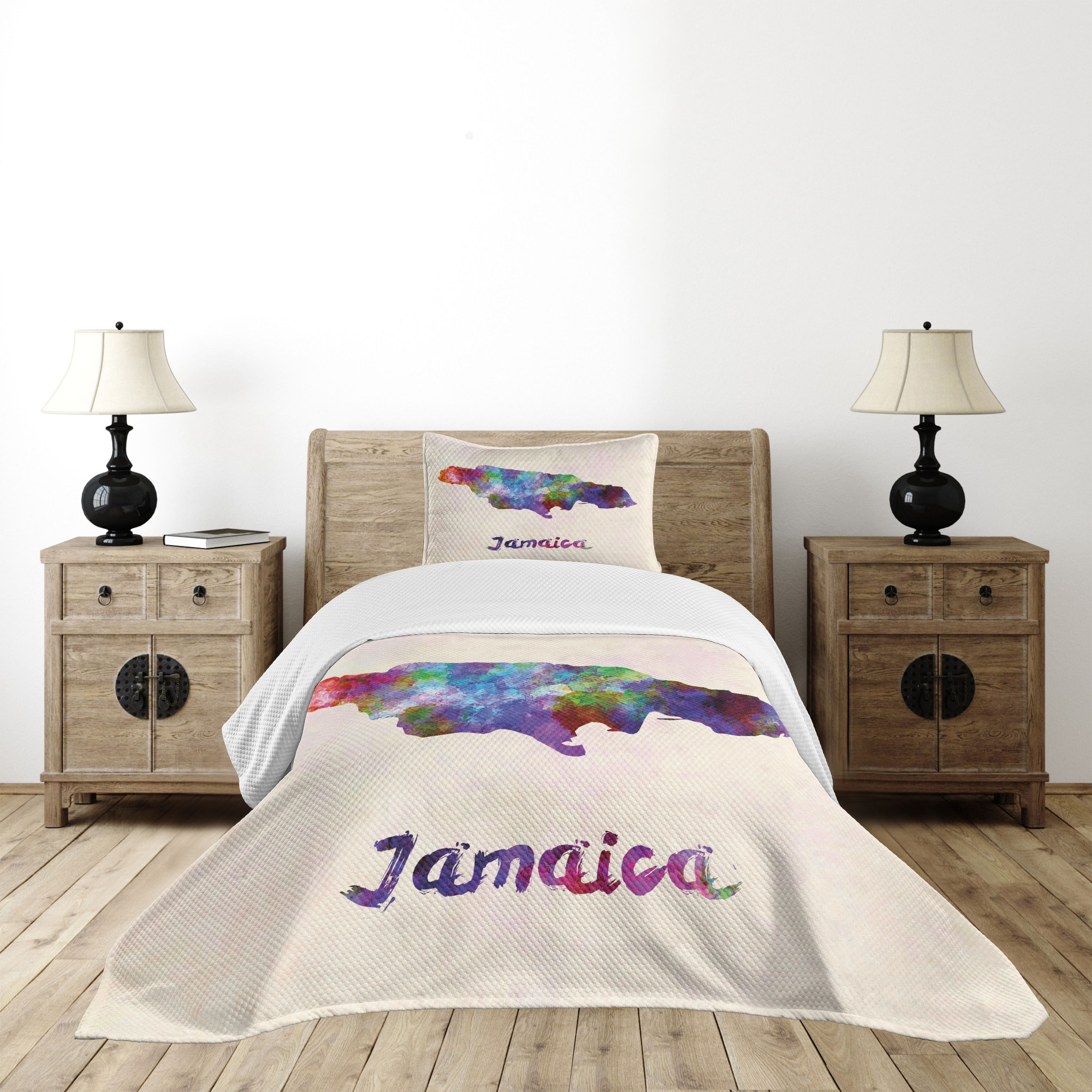 Jamaican Bedspread Set Twin Size, Abstract Watercolor Map of Jamaica