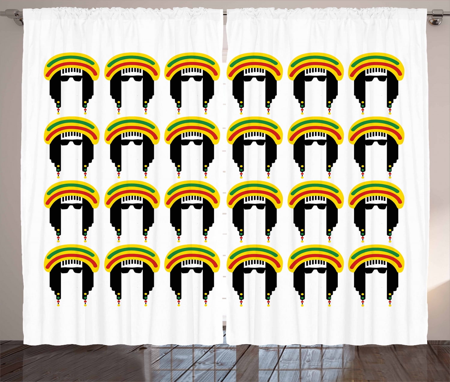 Jamaican Curtains 2 Panels Set, Jamaican Culture Elements Ethnic