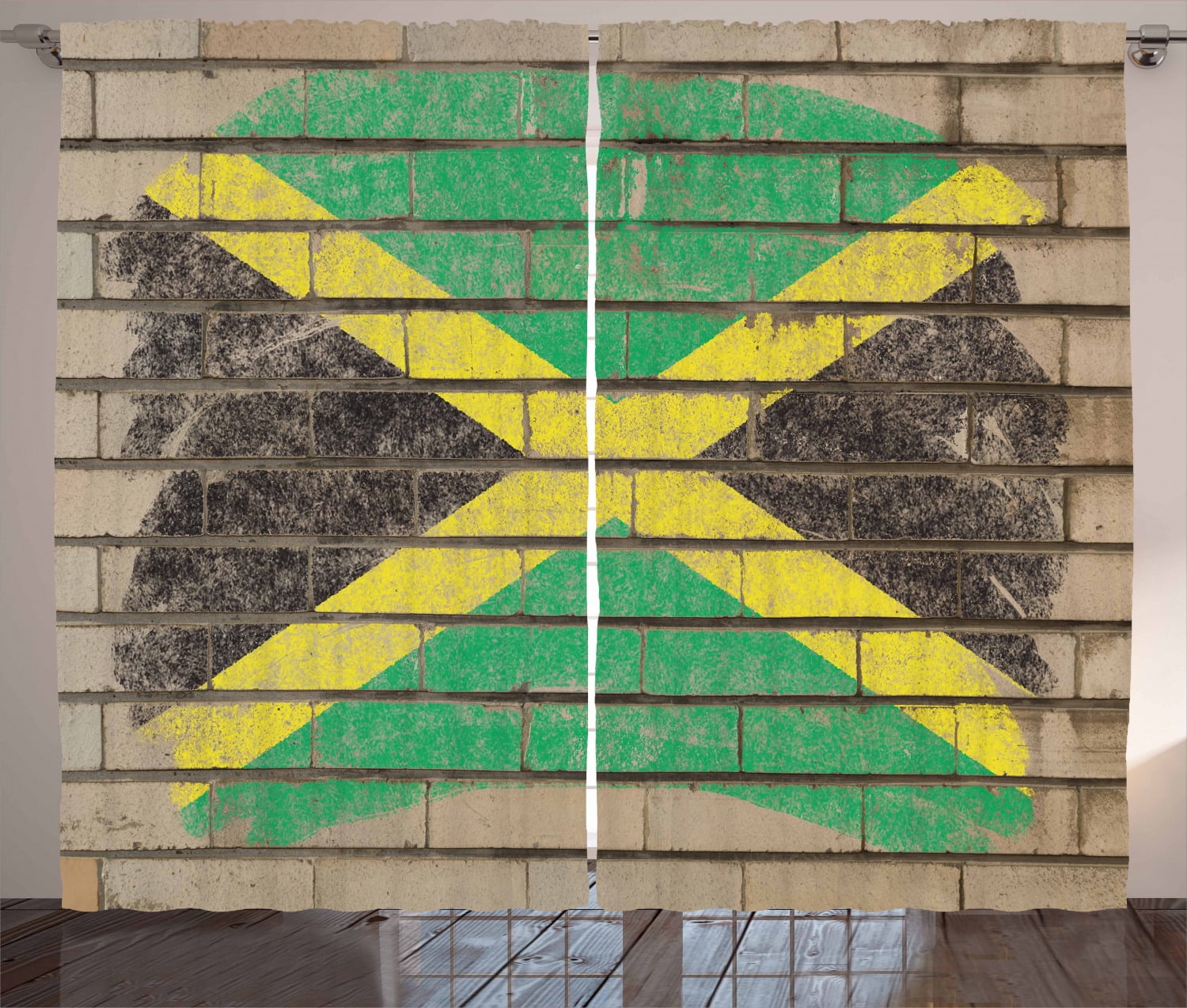Jamaican Curtains 2 Panels Set, Flag on the Wall Illustration with