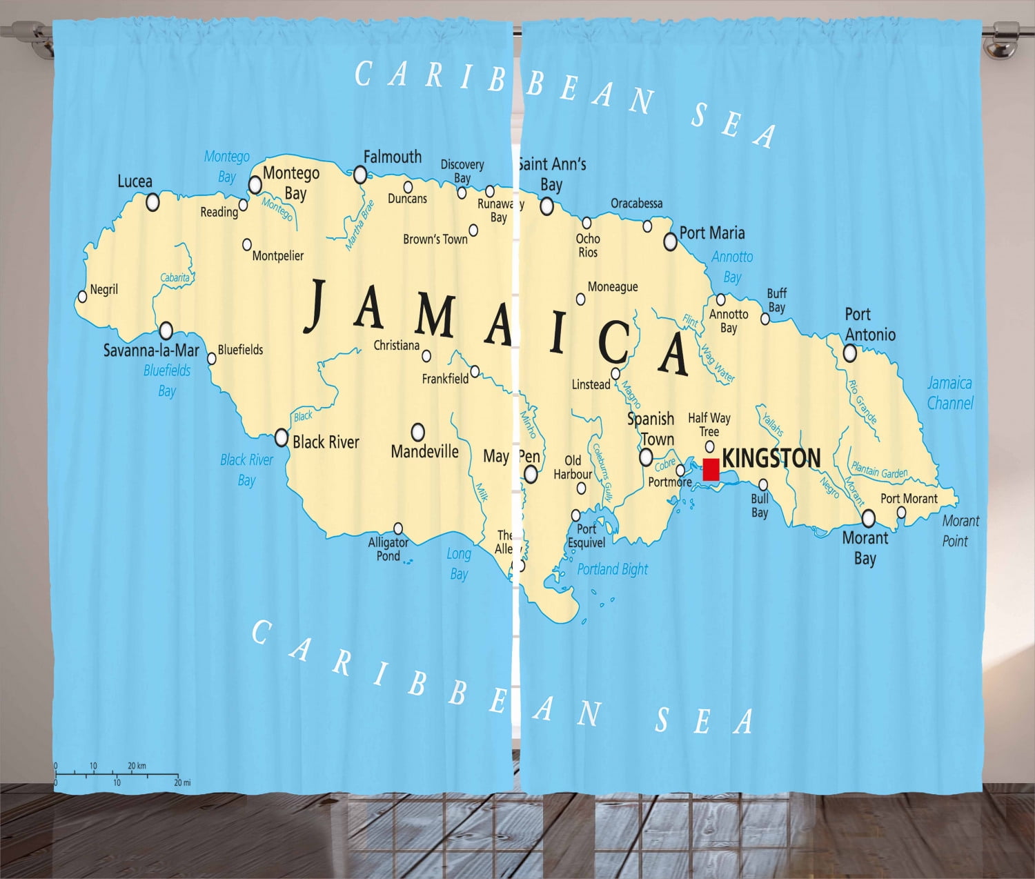 Jamaican Curtains 2 Panels Set, Map of Jamaica Kingston Caribbean Sea