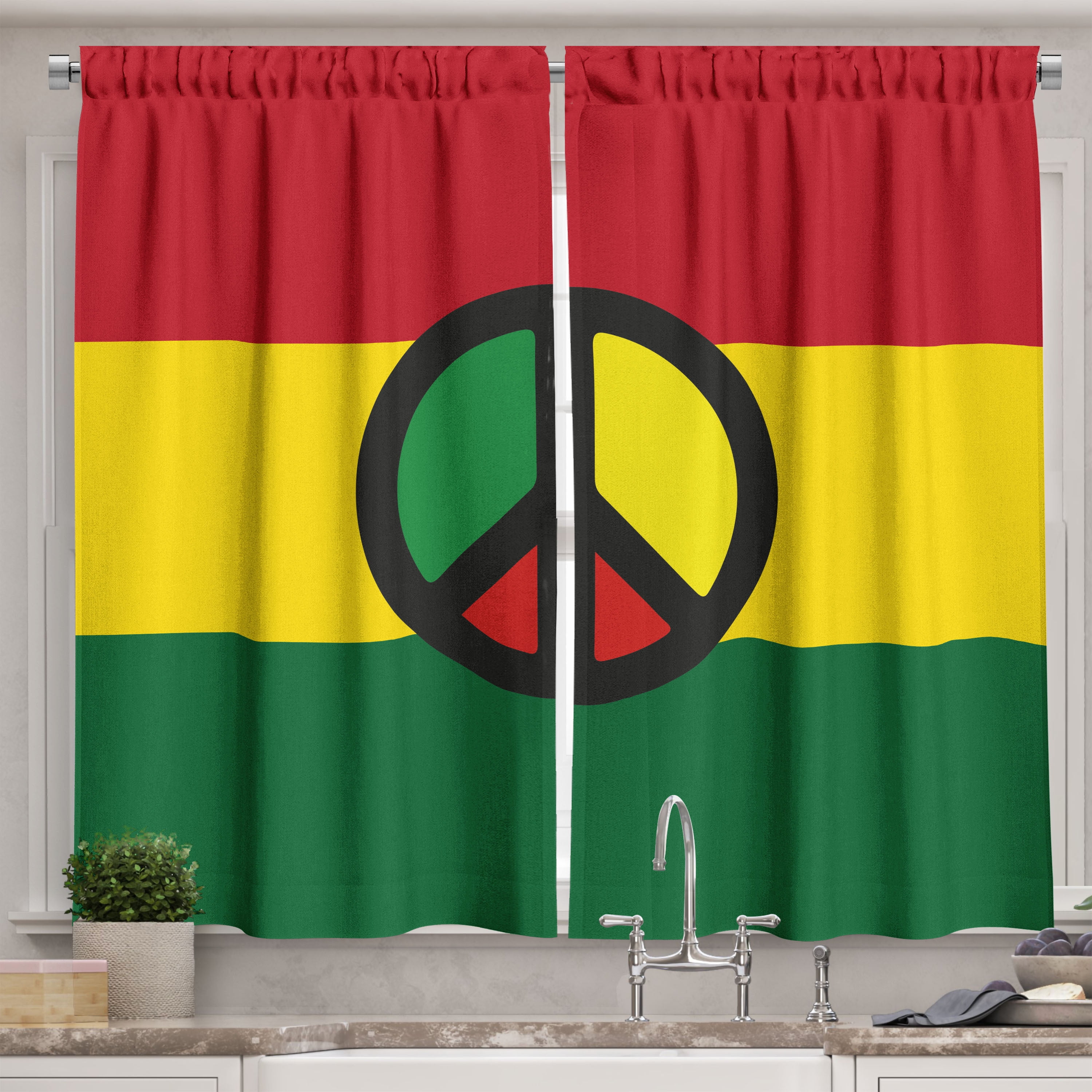 Jamaican Curtains 2 Panels Set, Reggae Culture Peace Symbol Caribbean