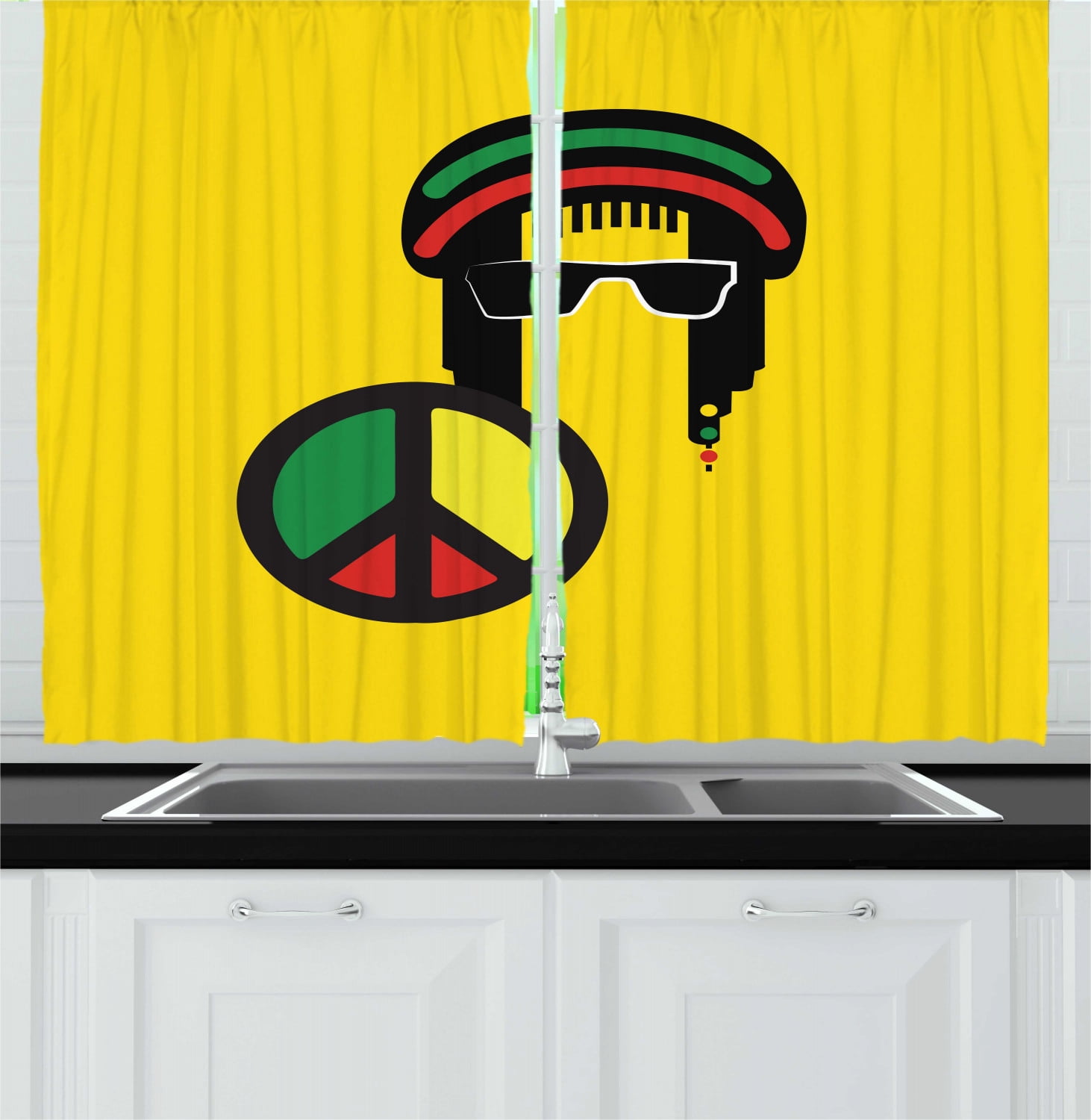 Jamaican Curtains 2 Panels Set, Reggae Culture Theme Composition Peace