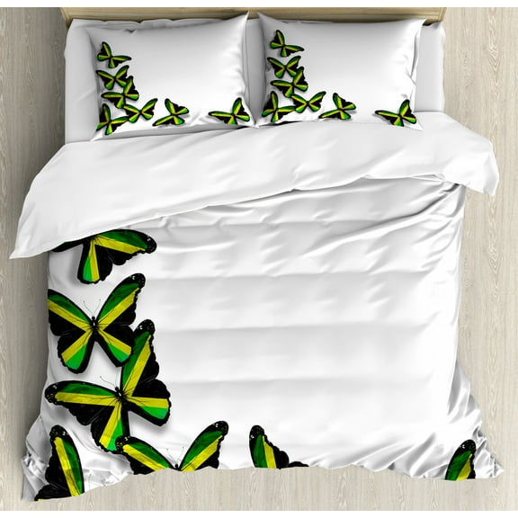 Jamaican Duvet Cover Set Queen Size, Buterflies Flag Motifs Caribbean Animal Illustration Rasta Culture Print, Decorative 3 Piece Bedding Set with 2 Pillow Shams, Green Black Yellow, by Ambesonne