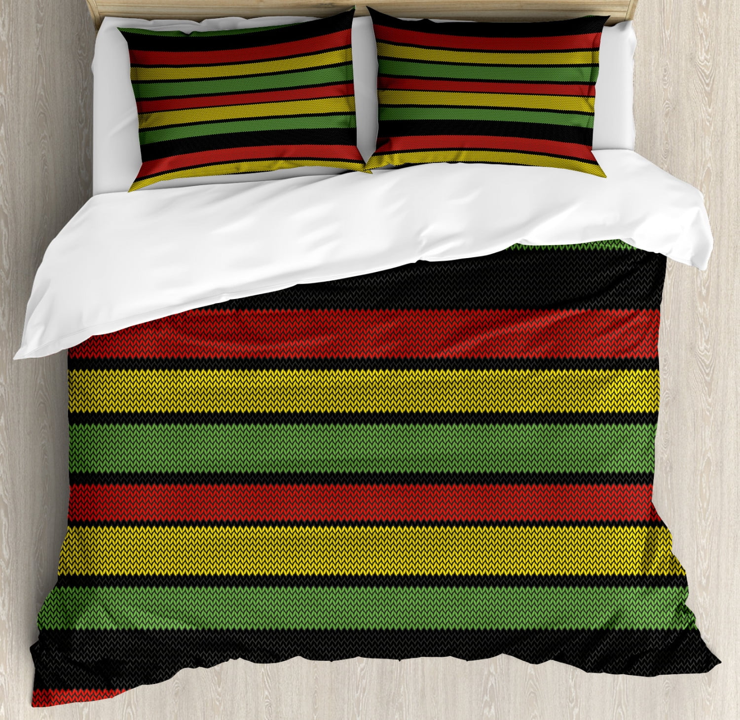 Jamaican Duvet Cover Set Queen Size, Knitted Effect Rastafarian Stripes ...