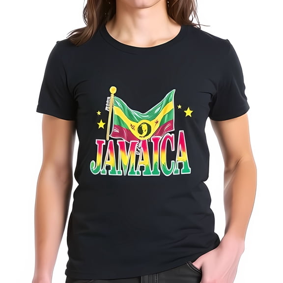 Jamaican Flag Cotton Short Sleeve T-Shirt - Vibrant Design with Stars & 'JAMAICA' Print - Casual Wear for National Pride