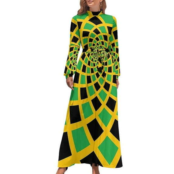 Jamaican Flag Dress Green And Yellow Party Custom Maxi Dress High Neck Long Sleeve Korean Fashion Boho Beach Long Dresses