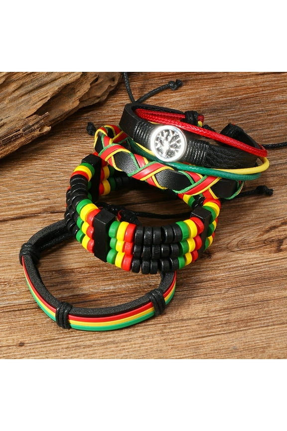 Jamaican Flag-Inspired Beaded Bracelets Set: Classic and Sporty, PU Leather, Suitable for Daily Wear and Gift-Giving, No Plating or Gemstone,4pcs Set