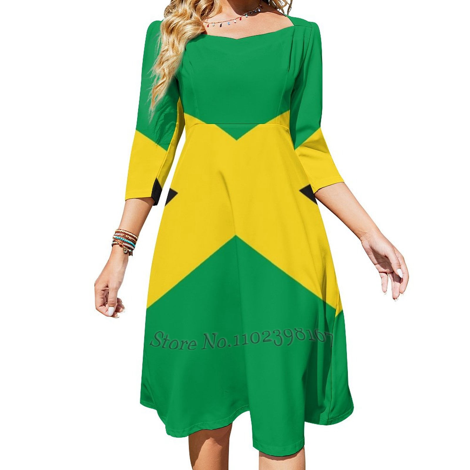 Jamaican Flag Sweet Elegant Dress Women Korean Kawaii Square Collar