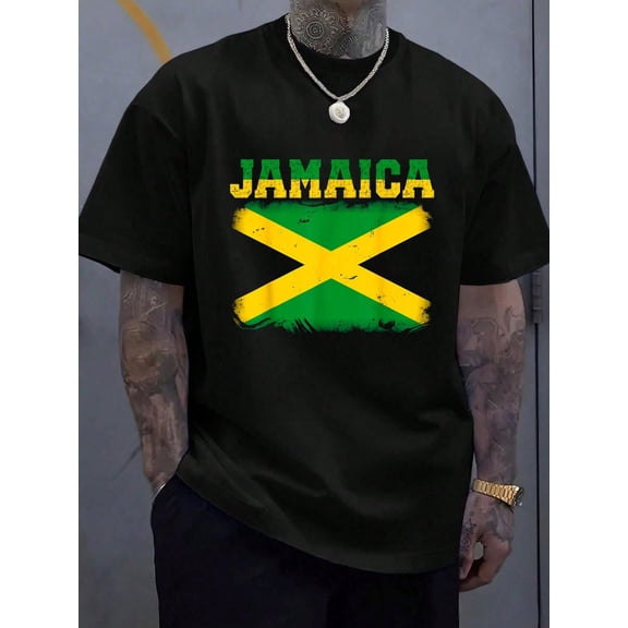 Jamaican Flag Vintage Jamaica Souvenir Love Travel Vacation T-Shirt - 100% Cotton Summer Tops Graphic Tees, Men T Shirts, Casual Short Sleeve Crew Neck T-Shirt For Spring & Summer