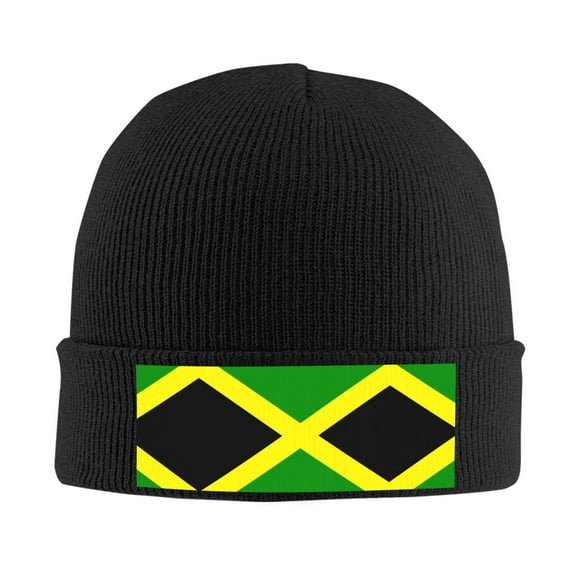 Jamaican Flag Winter Beanie Hats for Men Women Warm Cozy Knitted Cuffed Skull Cap Black