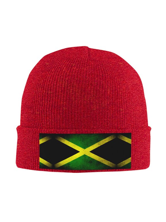 Jamaican-Flag Winter Beanie Hats for Men Women Warm Cozy Knitted Cuffed Skull Cap Red
