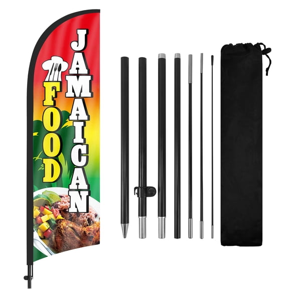 Jamaican Food Advertising Feather Flags Banner 8Ft, Jamaican Food Swooper Flag with Pole and Ground Stake, Advertising Feather Flag Signs for Jamaican Food Business