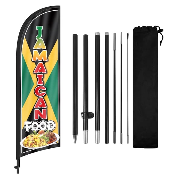 Jamaican Food Feather Flag, 8FT Swooper Banner with Pole & Ground Spike, Business Sign for Caribbean Restaurant, Food Truck, Takeout Spot