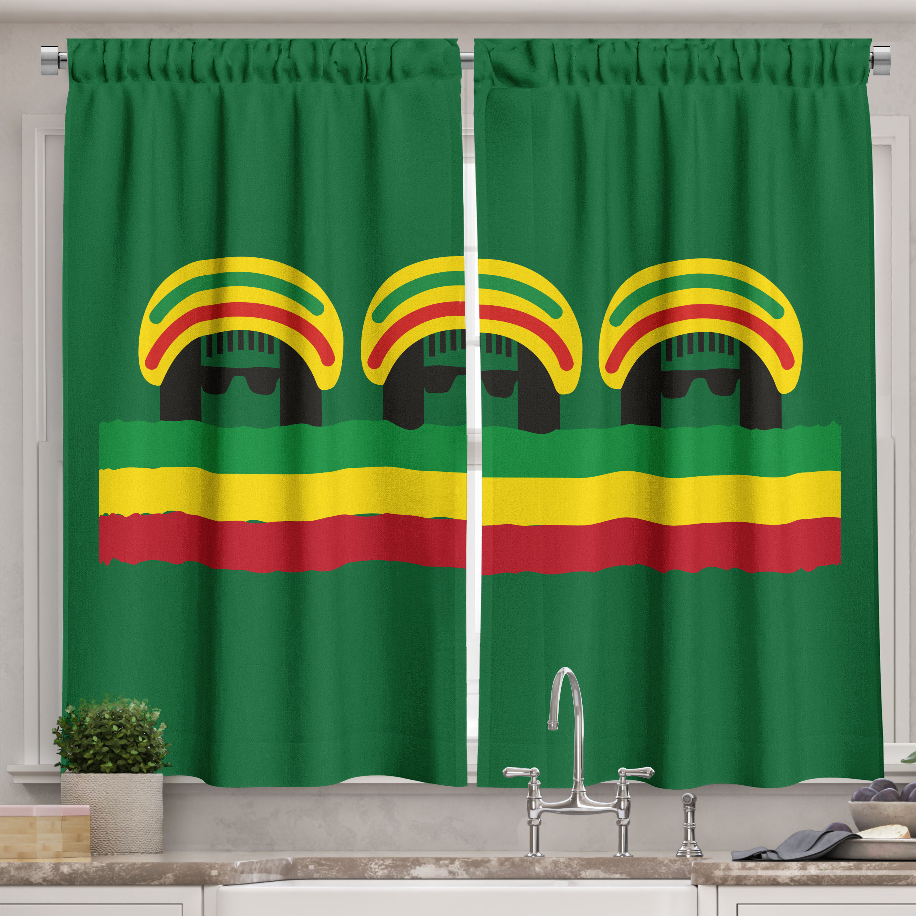 Jamaican Kitchen Curtains, Jamaican Reggae Culture Inspired Minimal Head Shapes with Hats