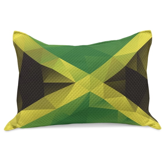 Jamaican Knitted Quilt Pillowcover, Triangular Polygon Design Abstract Flag Geometric National, Standard King Size Pillow Cover for Bedroom, 30" x 20", Yellow Green Green Brown, by Ambesonne