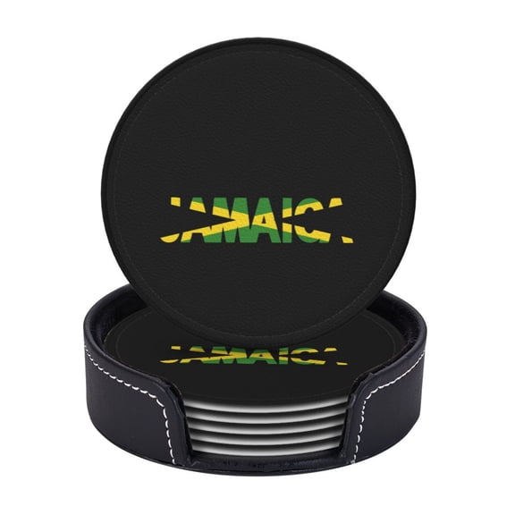 Jamaican Logo Gaming Anti Coasters With Leather Holder Set Of 6 Round Coasters for Home and Kitchen Decor