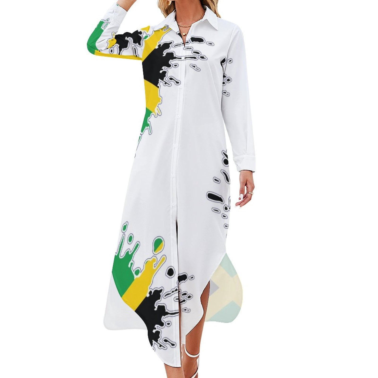 Jamaican National Flag Splash Long Sleeved Shirt Dress Women's dresses  ladies dresses for special occasion dress party night - Walmart.com