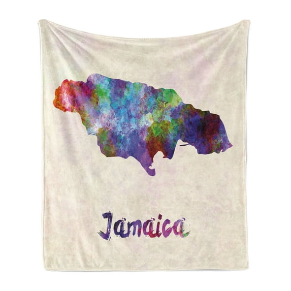 Jamaican Soft Flannel Fleece Blanket, Abstract Watercolor Map of Jamaica Psychedelic Inspirations Country Brush Effect, Cozy Plush for Indoor and Outdoor Use, 50" x 60", Multicolor, by Ambesonne