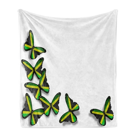 Jamaican Soft Flannel Fleece Blanket, Buterflies Flag Motifs Caribbean Animal Illustration Rasta Culture Print, Cozy Plush for Indoor and Outdoor Use, 60" x 80", Green Black Yellow, by Ambesonne