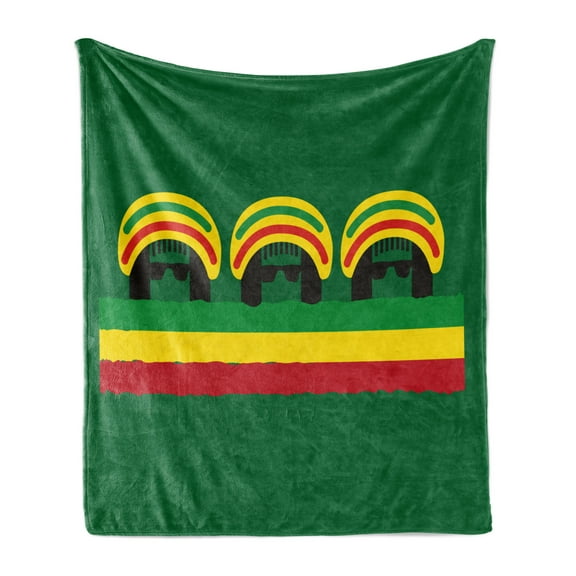 Jamaican Soft Flannel Fleece Blanket, Jamaican Reggae Culture Inspired Minimal Head Shapes with Hats Country Flag, Cozy Plush for Indoor and Outdoor Use, 60" x 80", Green Multicolor, by Ambesonne