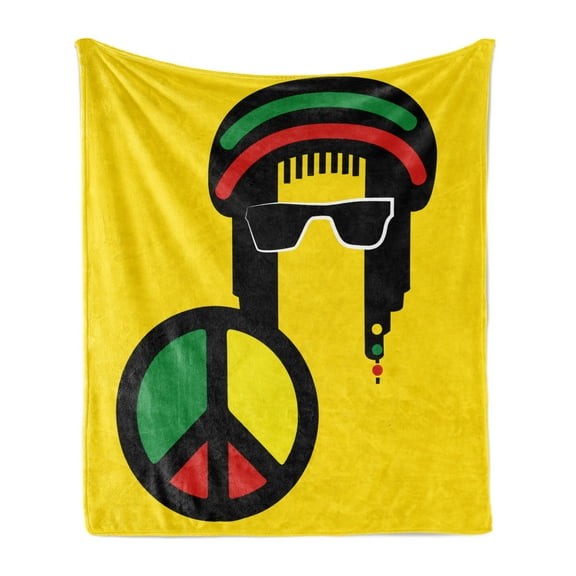 Jamaican Soft Flannel Fleece Throw Blanket, Reggae Culture Theme Composition Peace Colorful Cartoon Design Print, Cozy Plush for Indoor and Outdoor Use, 60" x 80", Yellow Multicolor, by Ambesonne