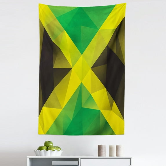 Jamaican Tapestry, Triangular Polygon Design Abstract Flag Geometric National, Fabric Wall Hanging Decor for Bedroom Living Room Dorm, 5 Sizes, Yellow Green Green Brown, by Ambesonne