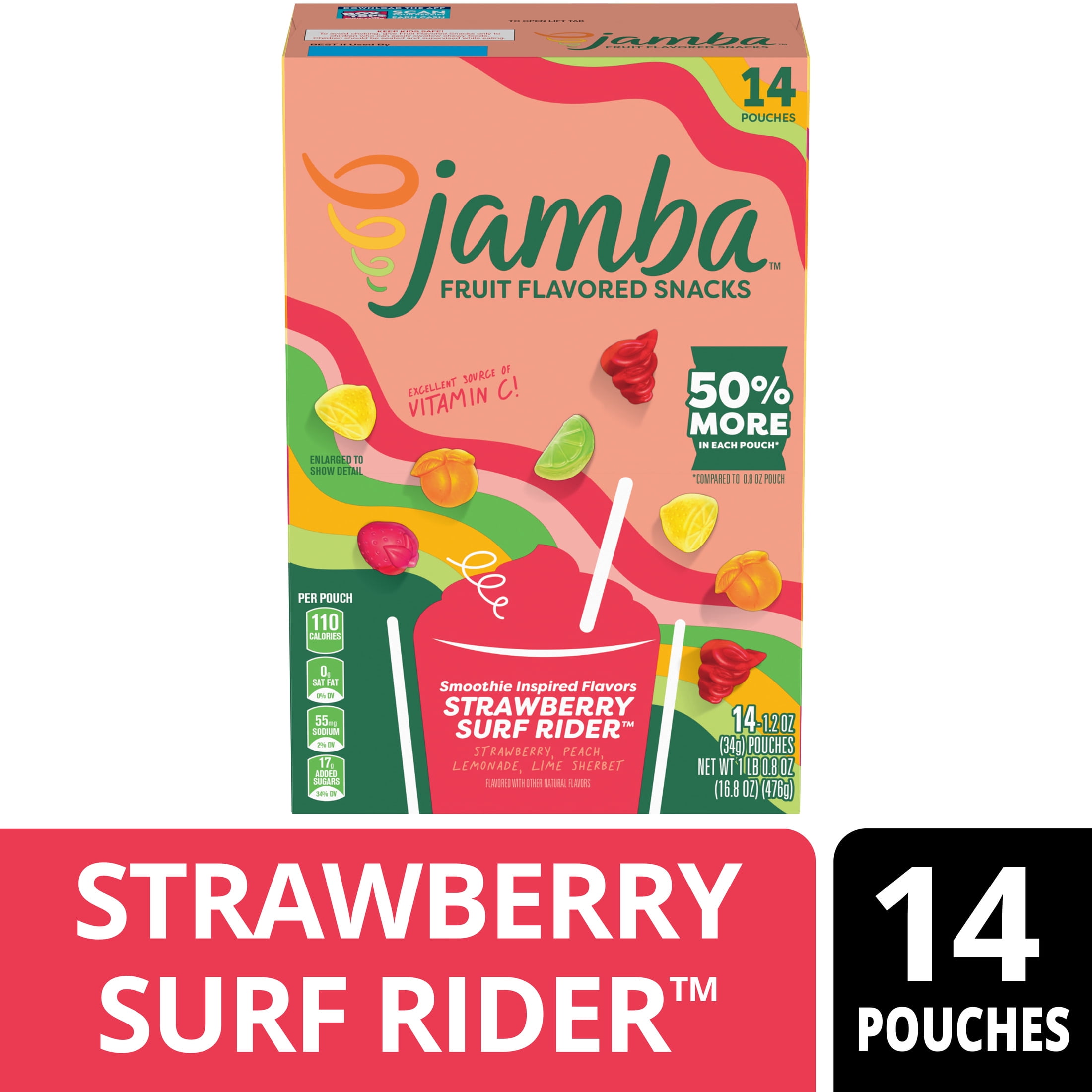 Jamba Fruit Flavored Snacks, Strawberry Surf Rider, Gluten Free, 16.8 oz (14 Pouches)