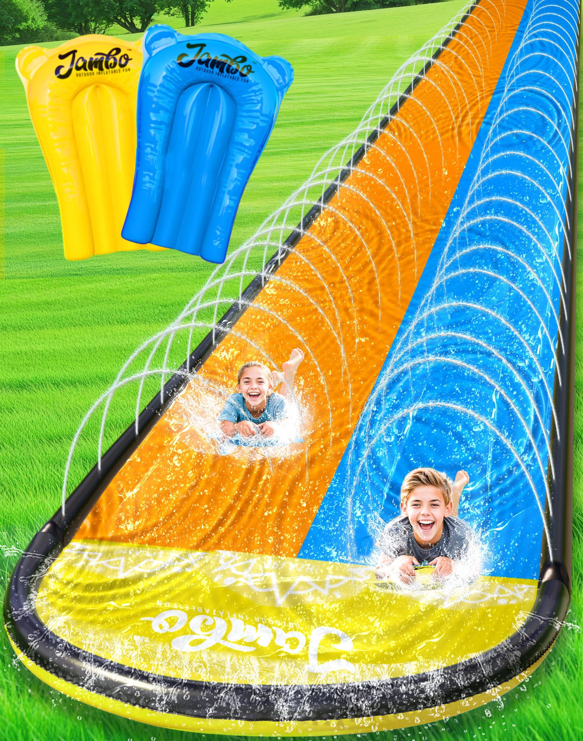 Jambo 20' Extra Long Double Slip Splash and Slide with 2 Body Boards | XL Water Slide , Slip Slide with Sprinklers, Backyard Water Toys for Outdoor Play