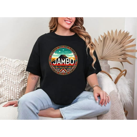 Jambo Kilimanjaro Funny Swahili Greeting Tanzanian Mountain Gift Unisex T-Shirt, for men & women, up to size 5XL.