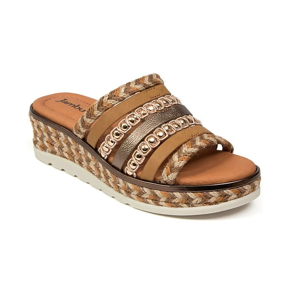 Jambu Women's Dahlia Leather Woven Stud Platform Wedge Sandals Tan Multi
