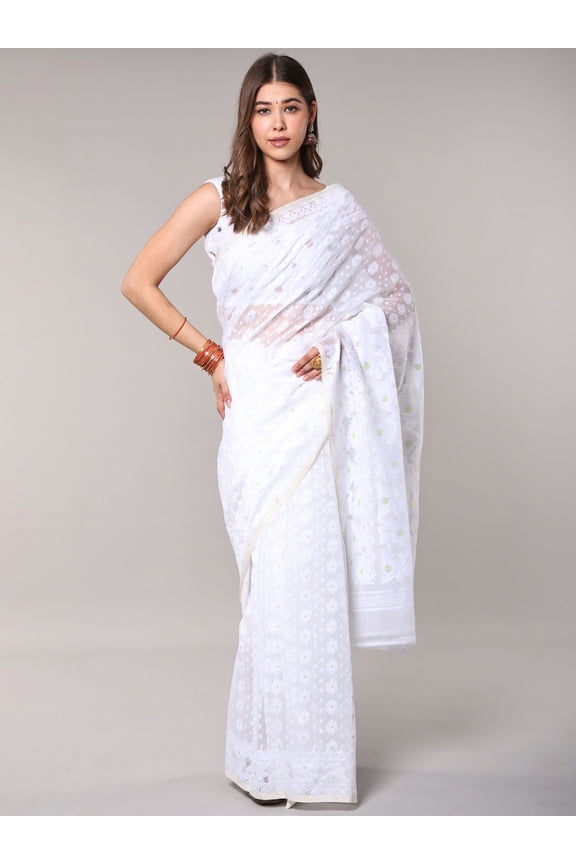 Jamdani Saree with All-over Woven Bootis from Bengal – Snow White