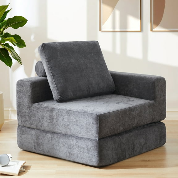 Jamdok Convertible Folding Sofa Bed with Left Armrest and Pillow, L-Shaped Supportive Sleeper Chair, High Density Foam, Living Room,Bedroom,Guest Use,Home Office,Apartment,Dark Grey