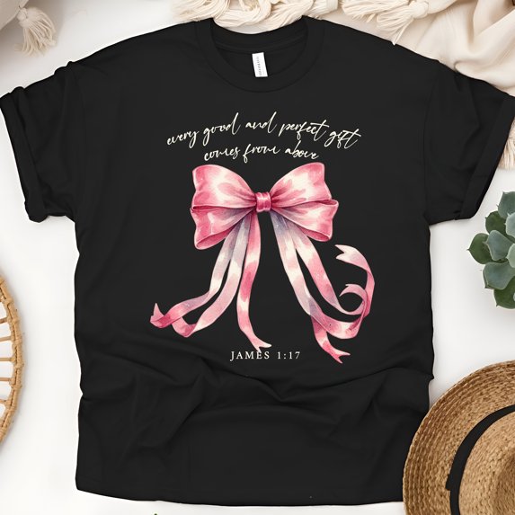 James 1:17 Bible Verse T-Shirt, Every Good Gift Comes from Above Bow Tee, Black, Size S