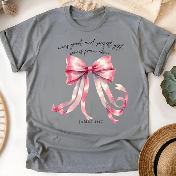 James 1:17 Bible Verse T-Shirt, Every Good Gift Comes from Above Bow Tee, Graphite Heather, Size 2XL