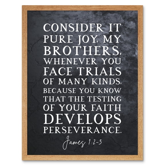James 1:2-3 The Testing of Your Faith Develops Perserverance Christian Bible Verse Quote Scripture Typography Art Print Framed Poster Wall Decor 12x16 inch