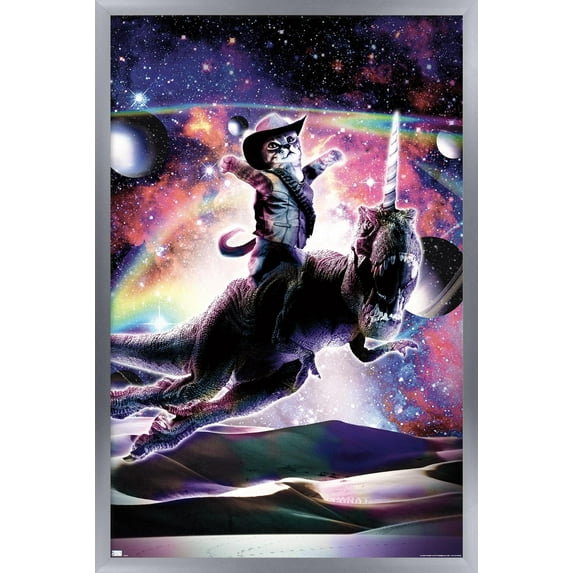 James Booker - Galaxy Cat on Dinosaur Unicorn In Space Wall Poster, 14.725" x 22.375" Framed