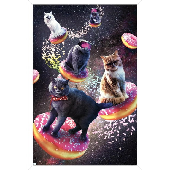 James Booker - Galaxy Space Cats Riding Donuts Wall Poster, 22.375" x 34" Framed
