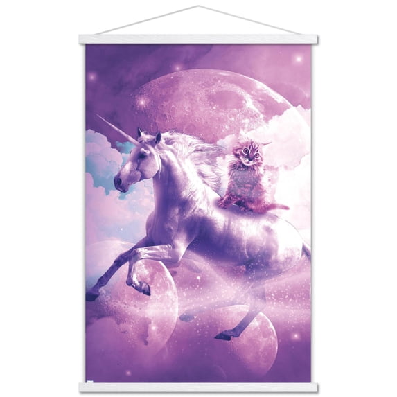 James Booker - Kitty Cat Riding On Space Galaxy Unicorn Wall Poster with Magnetic Frame, 22.375" x 34"