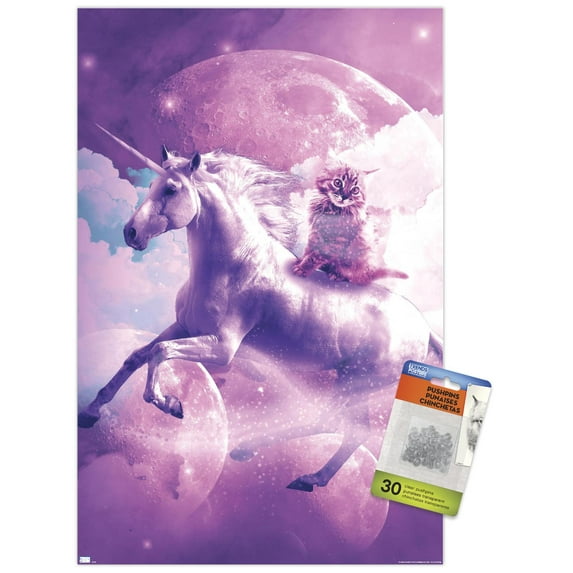 James Booker - Kitty Cat Riding On Space Galaxy Unicorn Wall Poster with Push Pins, 14.725" x 22.375"