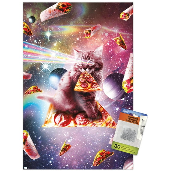 James Booker - Outer Space Pizza Cat Wall Poster with Pushpins, 14.725" x 22.375"