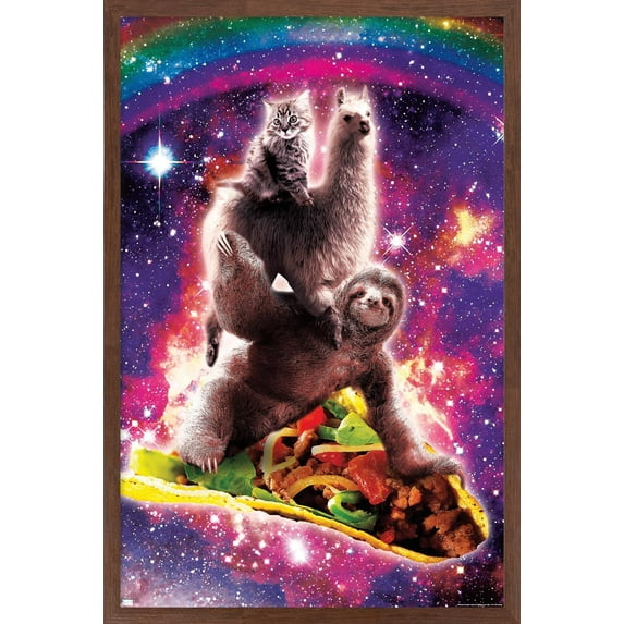 James Booker - Space Sloth Llama Cat Riding Taco Wall Poster, 22.375" x 34" Framed