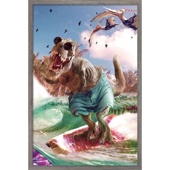 James Booker - Surfing T-Rex Wall Poster, 22.375" x 34", Framed