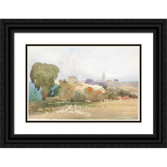 James Bulwer 24x17 Black Ornate Framed Double Matted Museum Art Print Titled: Landscape with Church Steeple (1828)