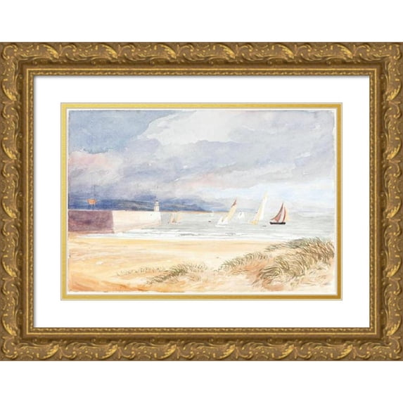 James Bulwer 24x18 Gold Ornate Framed and Double Matted Museum Art Print Titled - Shore Scene with Sailboats (1822-1839)