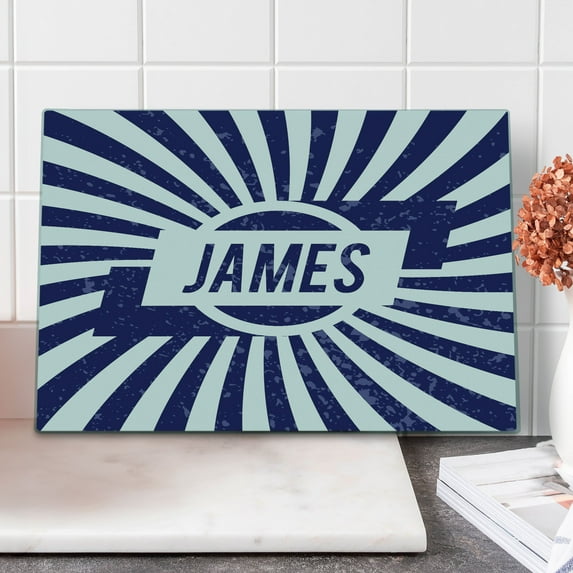 James Cutting Board, Classical Nautical Colors and Grunge Effect Common First Name Surname Design, Decorative Tempered Glass Cutting and Serving Board, Large Size, Navy Blue and White, by Ambesonne