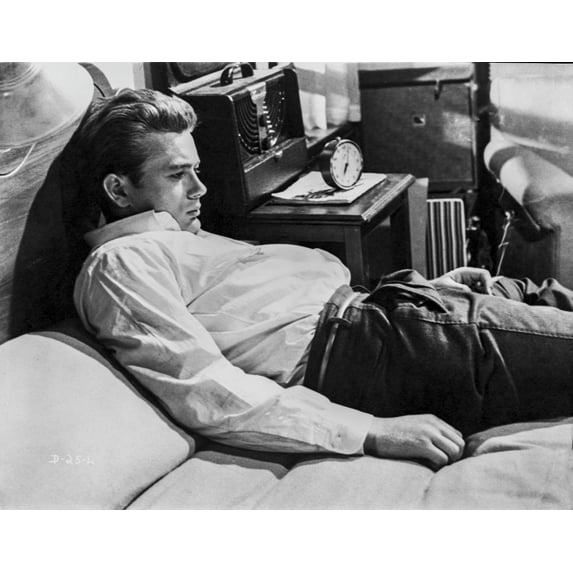 James Dean on the Bed in White Silk Collar Shirt and Black Pants with Arms Rest on the Side Photo Print (8 x 10)